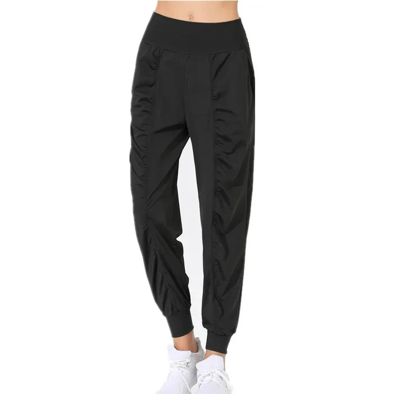 Yoga Pants Loose Slim Quick-Dry Yoga Pants Pleated Hem Bound Running Fitness Capris Pockets Jogging Pants Woman