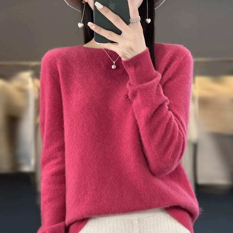Women’s 100% Merino Wool Pullover Sweater Warm O-Neck Top