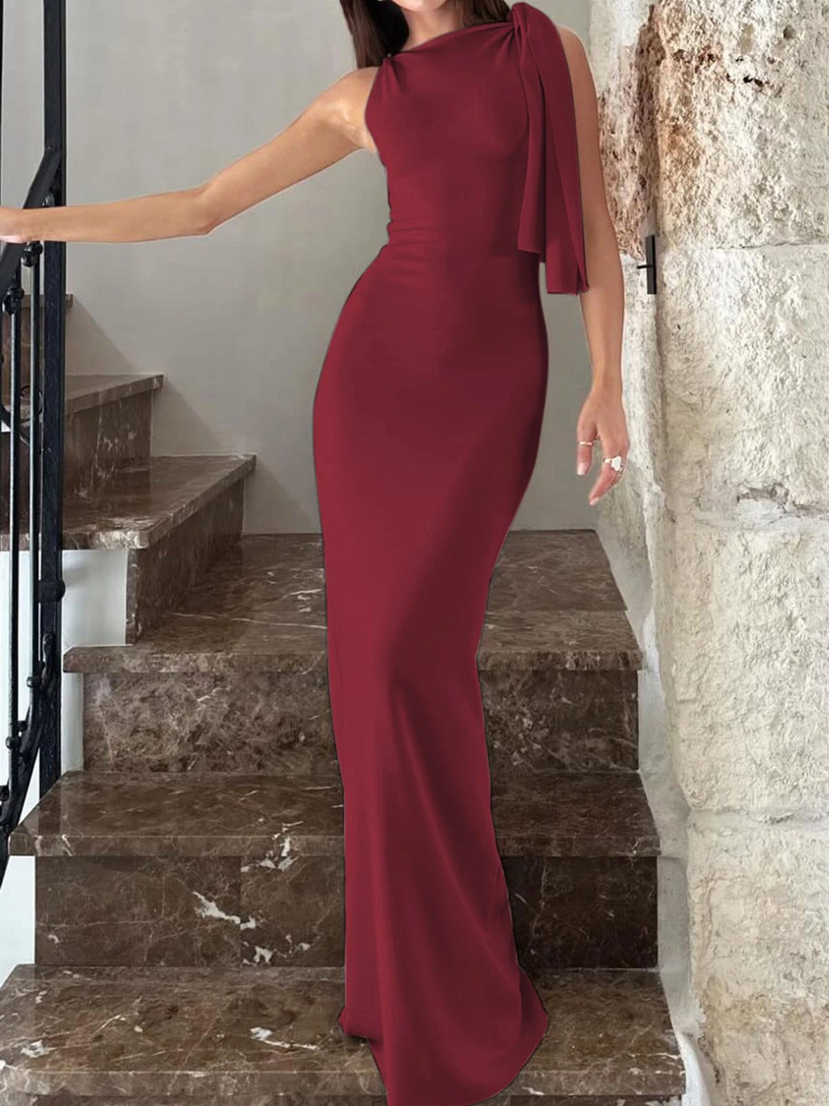 Women’s Solid O-Neck Bodycon Maxi Dress