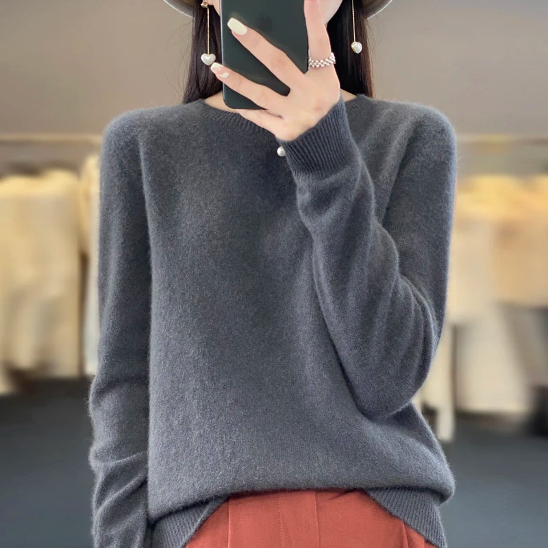 Women’s 100% Merino Wool Pullover Sweater Warm O-Neck Top