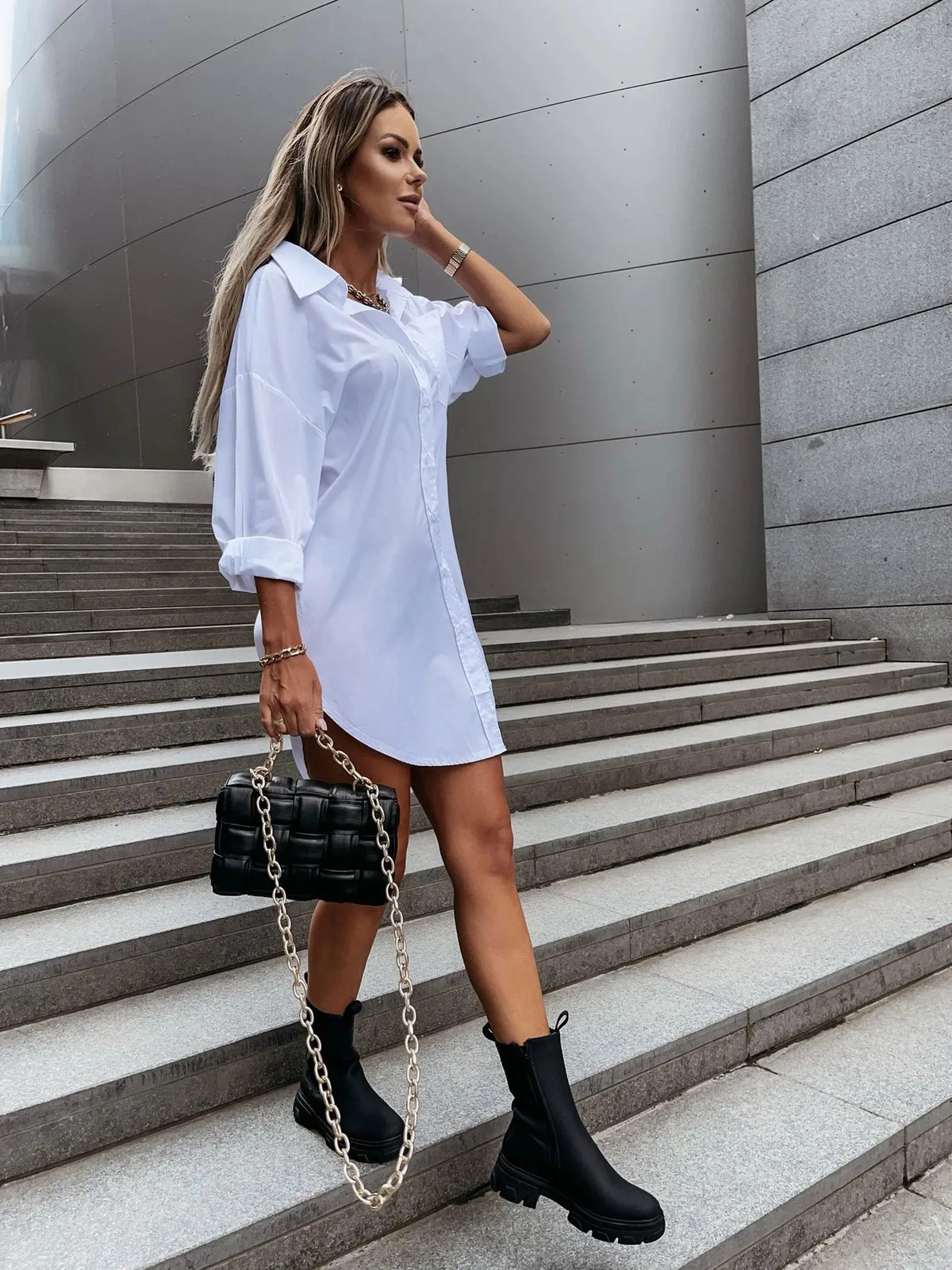 Long Sleeve Button Front Lapel Midi Dress