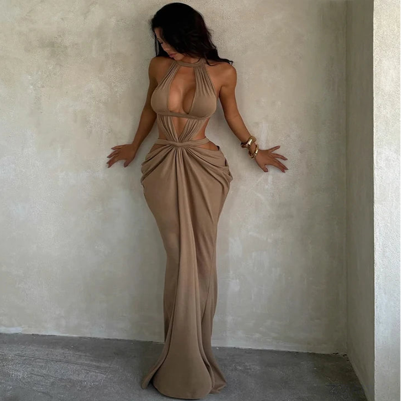 Halter Cut-Out Draped Backless Maxi Dress