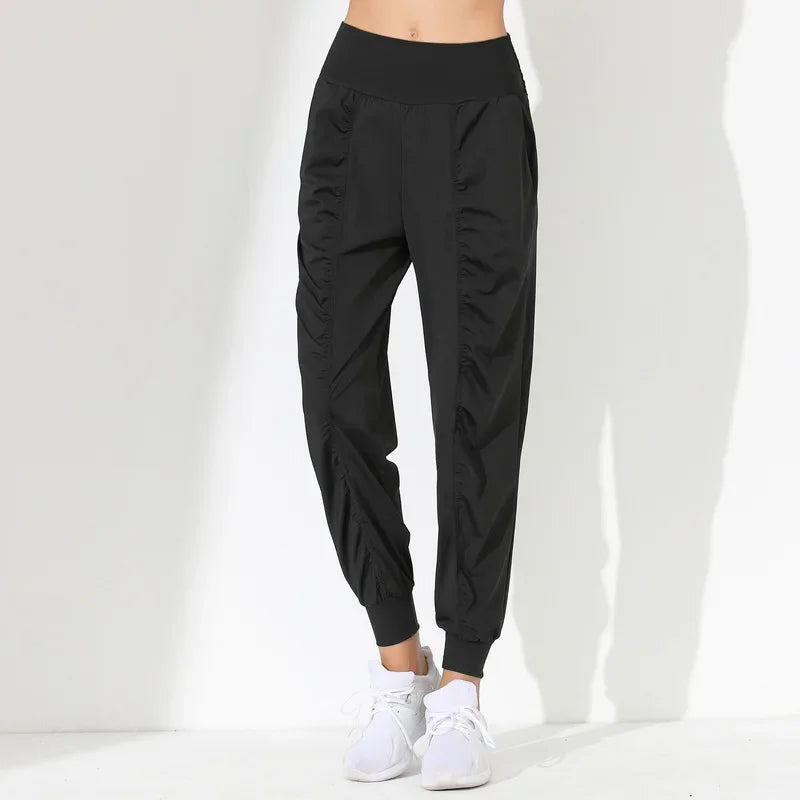 Yoga Pants Loose Slim Quick-Dry Yoga Pants Pleated Hem Bound Running Fitness Capris Pockets Jogging Pants Woman