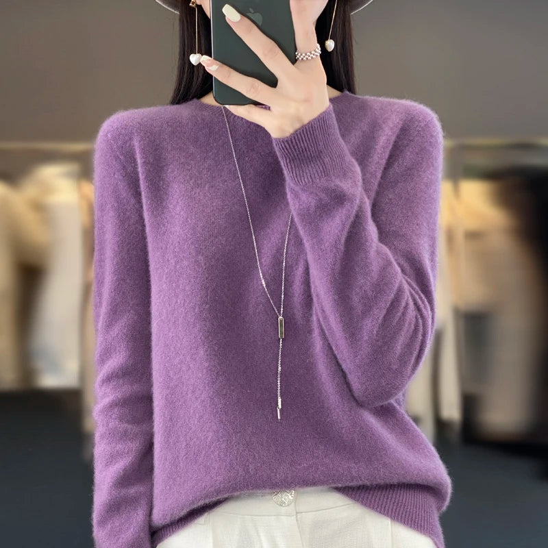 Women’s 100% Merino Wool Pullover Sweater Warm O-Neck Top