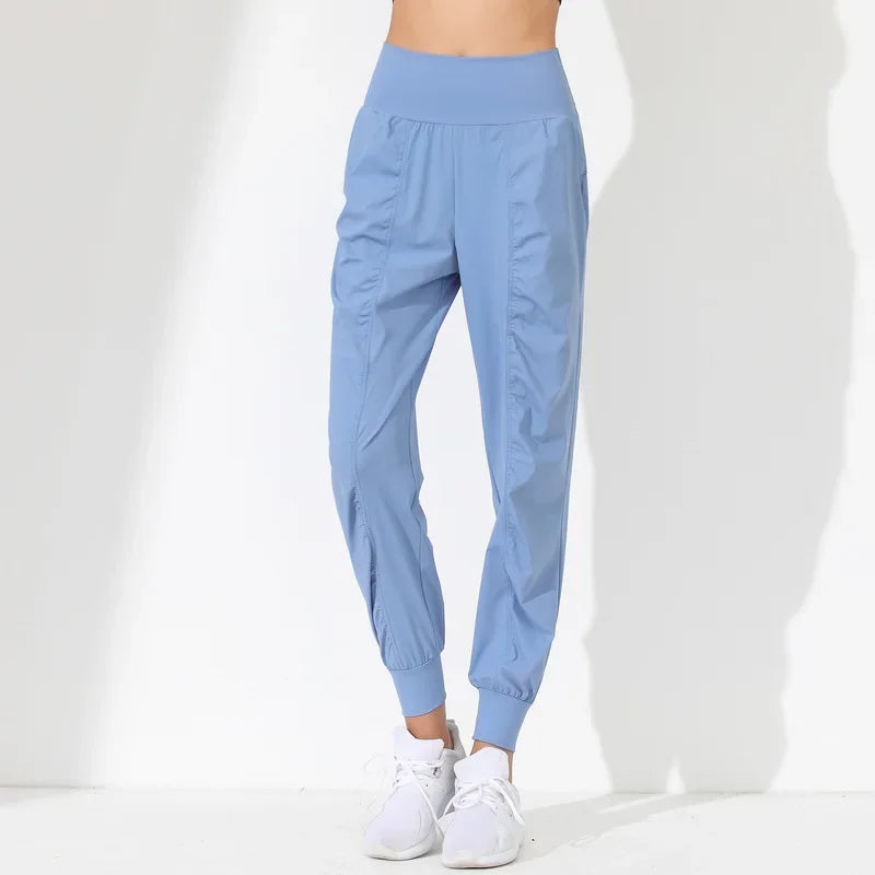 Yoga Pants Loose Slim Quick-Dry Yoga Pants Pleated Hem Bound Running Fitness Capris Pockets Jogging Pants Woman