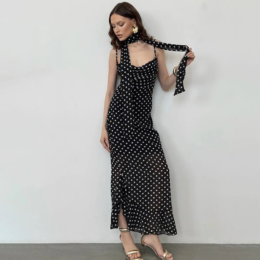 Women’s Elegant Polka Dot Pleated Maxi Dress