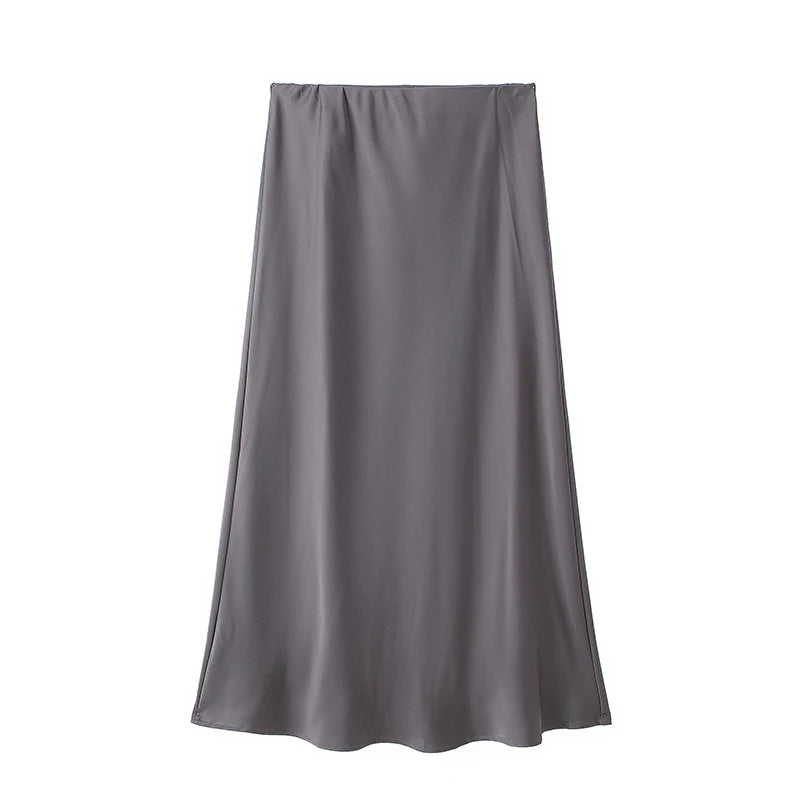Black Satin High Waist Midi Skirt