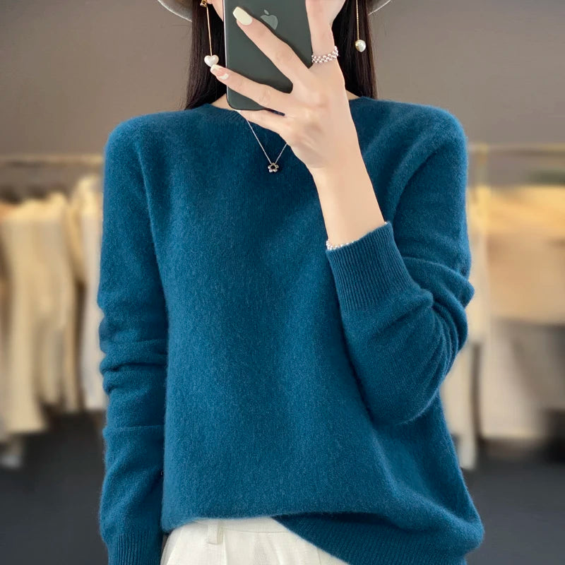 Women’s 100% Merino Wool Pullover Sweater Warm O-Neck Top
