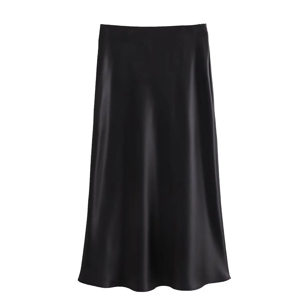 Black Satin High Waist Midi Skirt