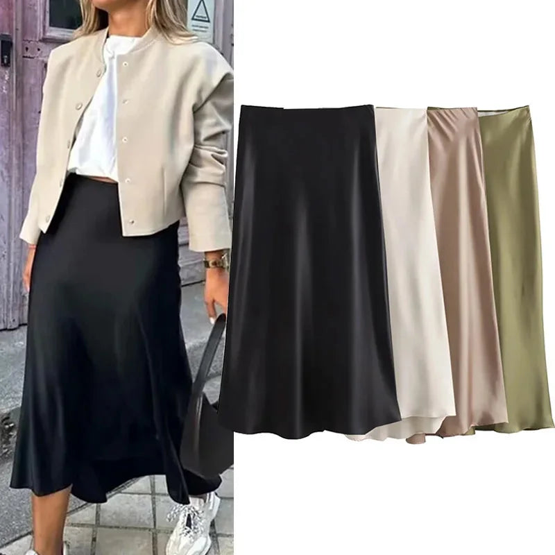 Black Satin High Waist Midi Skirt