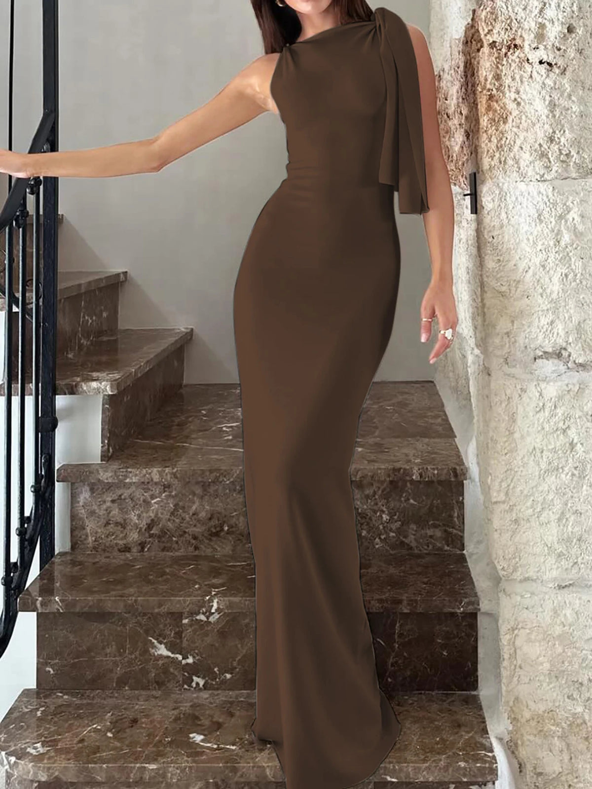 Women’s Solid O-Neck Bodycon Maxi Dress
