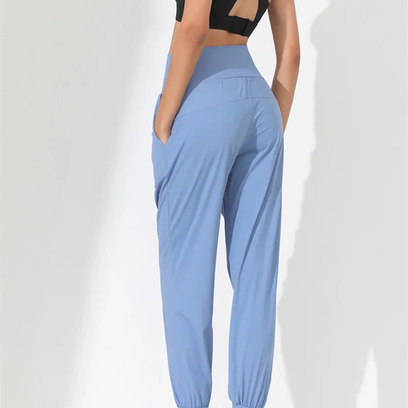 Yoga Pants Loose Slim Quick-Dry Yoga Pants Pleated Hem Bound Running Fitness Capris Pockets Jogging Pants Woman