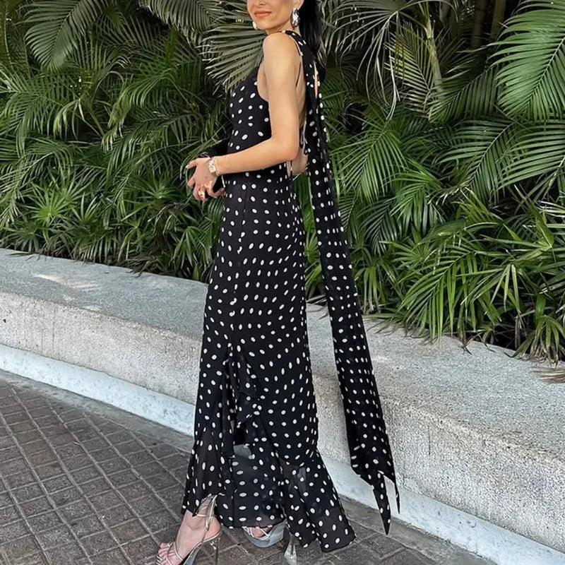 Women’s Elegant Polka Dot Pleated Maxi Dress