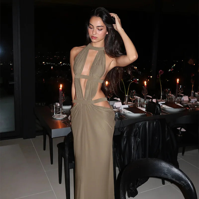 Halter Cut-Out Draped Backless Maxi Dress