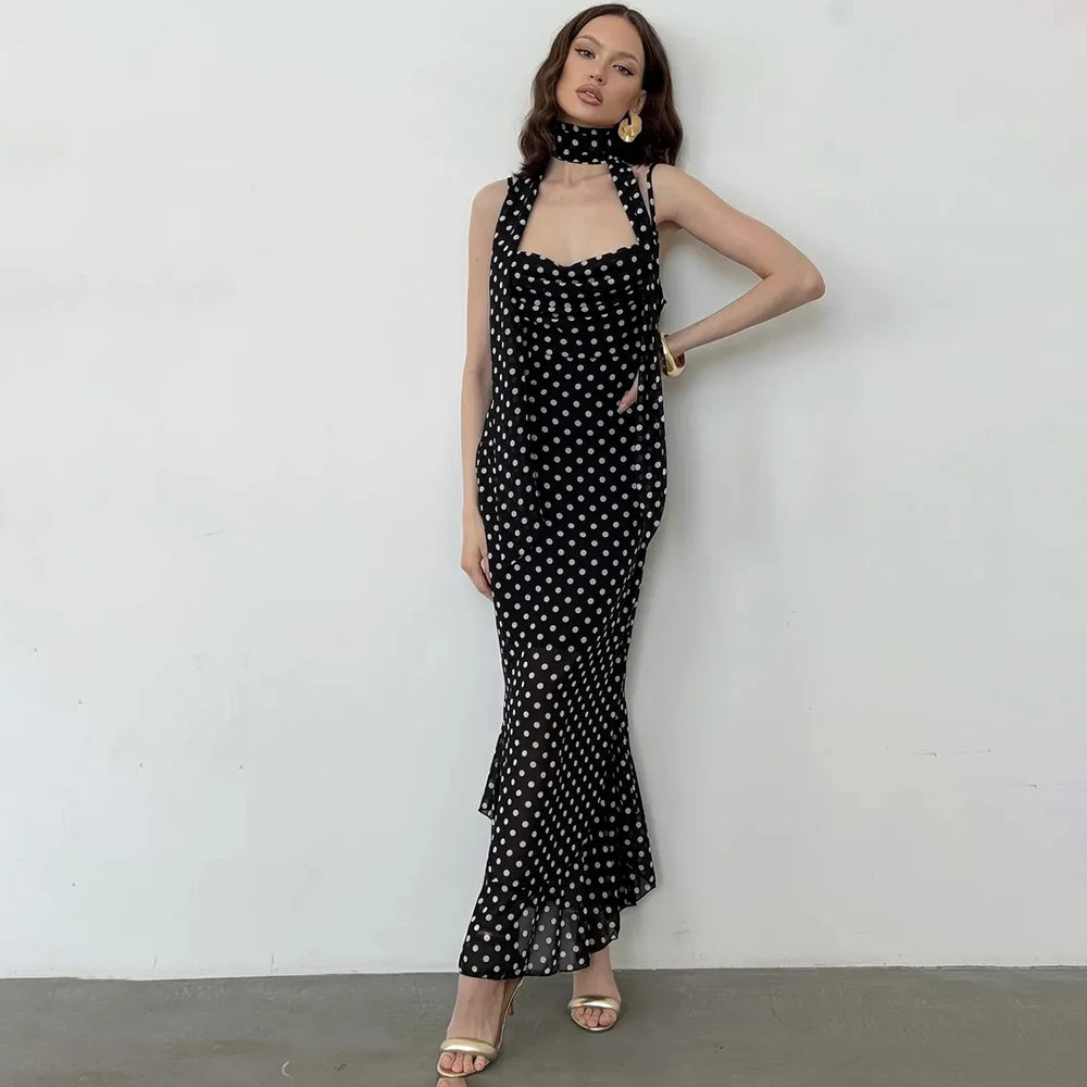 Women’s Elegant Polka Dot Pleated Maxi Dress
