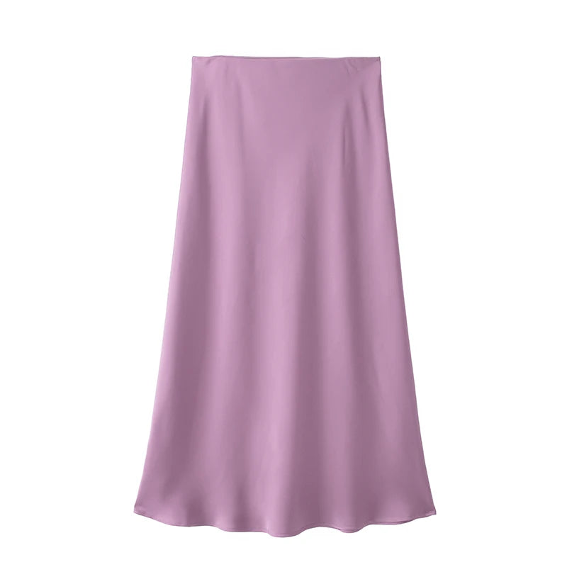 Black Satin High Waist Midi Skirt