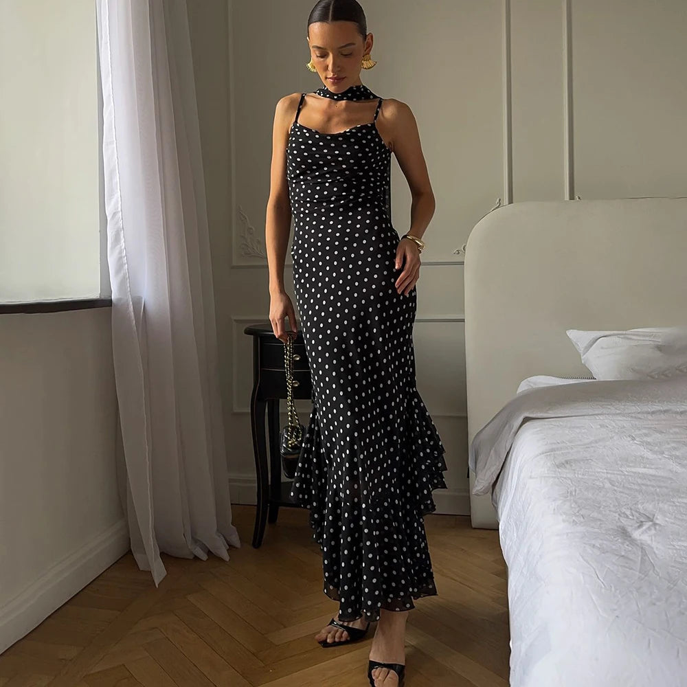 Women’s Elegant Polka Dot Pleated Maxi Dress