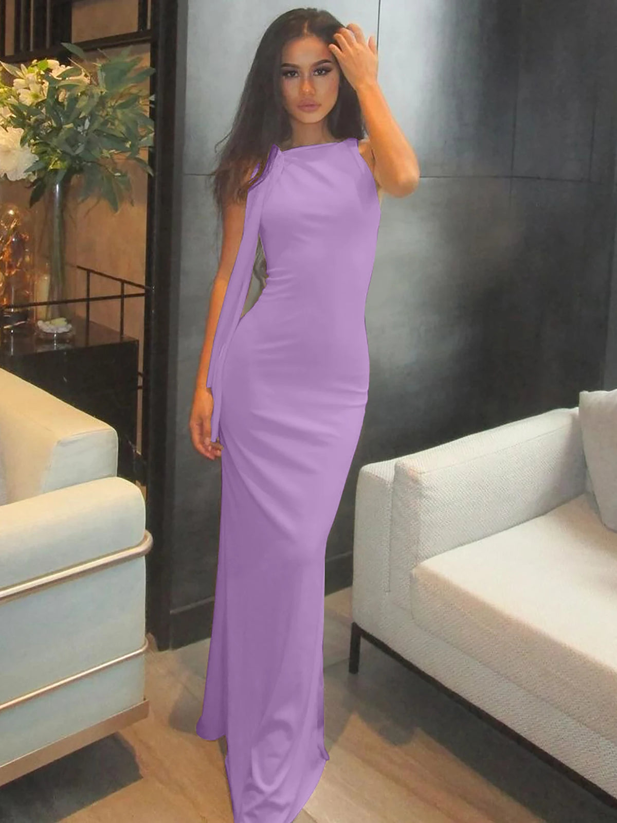 Women’s Solid O-Neck Bodycon Maxi Dress