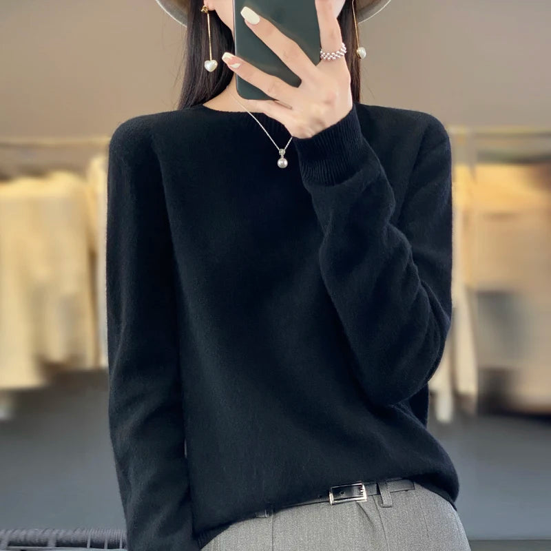 Women’s 100% Merino Wool Pullover Sweater Warm O-Neck Top