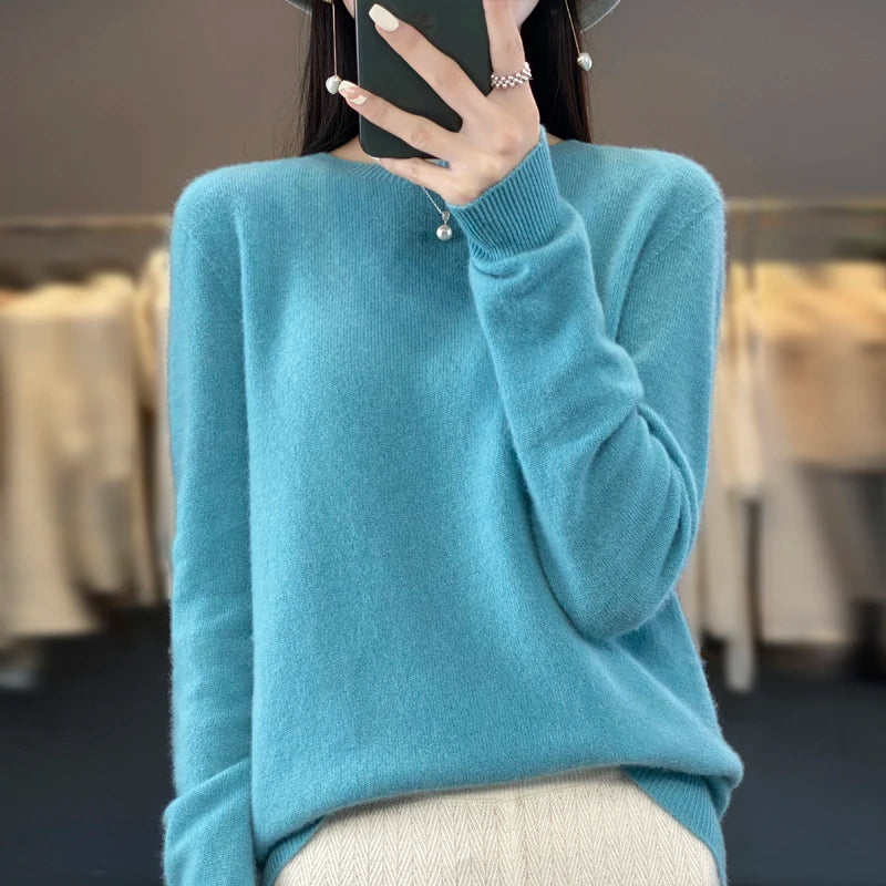 Women’s 100% Merino Wool Pullover Sweater Warm O-Neck Top