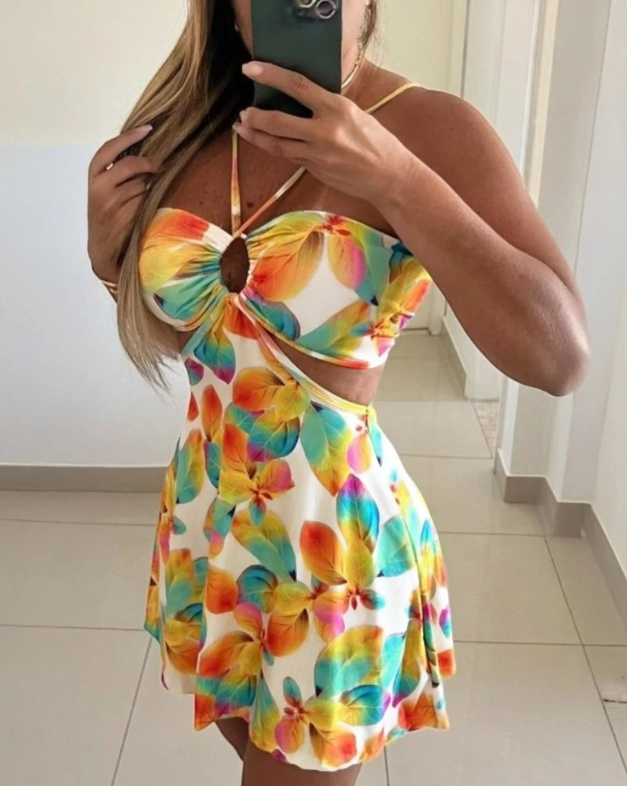 Floral Print Halter Neck Cutout Mini Dress