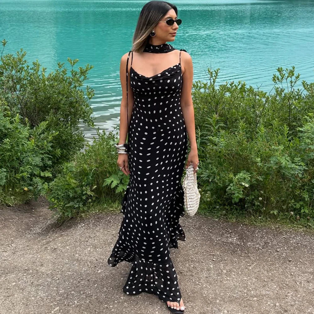 Women’s Elegant Polka Dot Pleated Maxi Dress