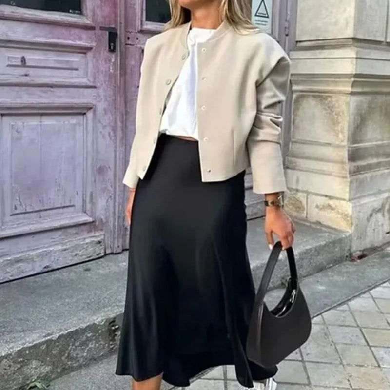 Black Satin High Waist Midi Skirt