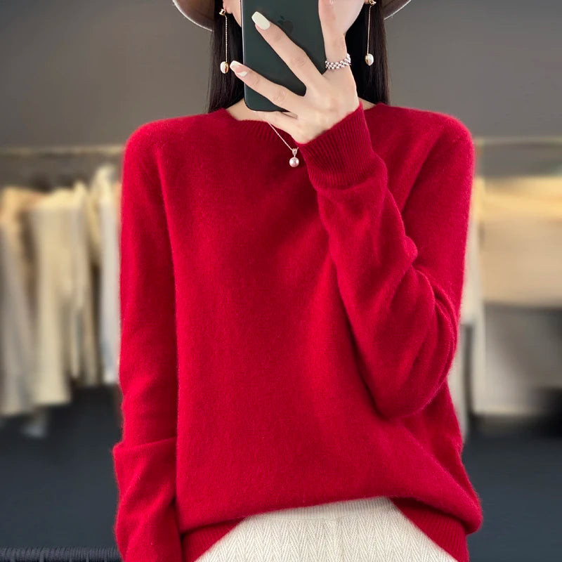 Women’s 100% Merino Wool Pullover Sweater Warm O-Neck Top