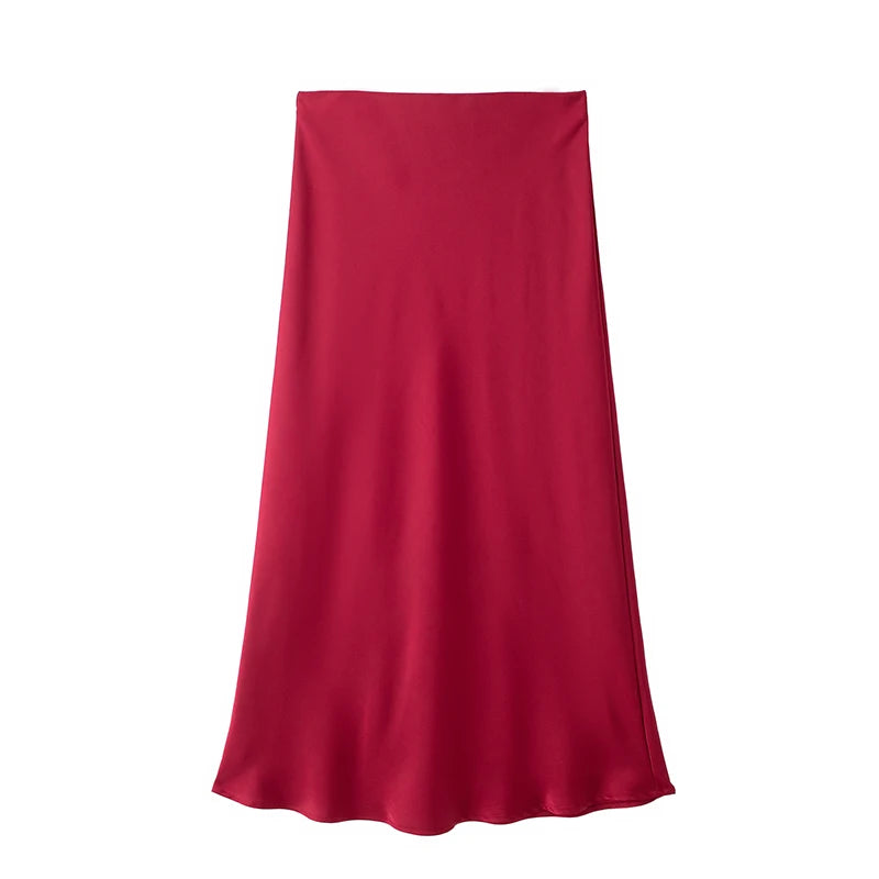 Black Satin High Waist Midi Skirt