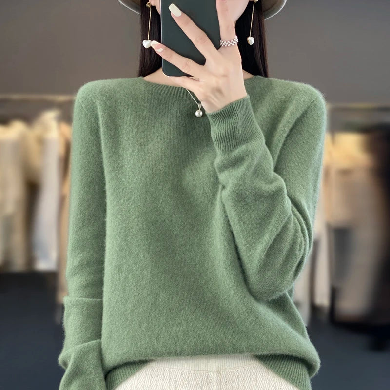 Women’s 100% Merino Wool Pullover Sweater Warm O-Neck Top