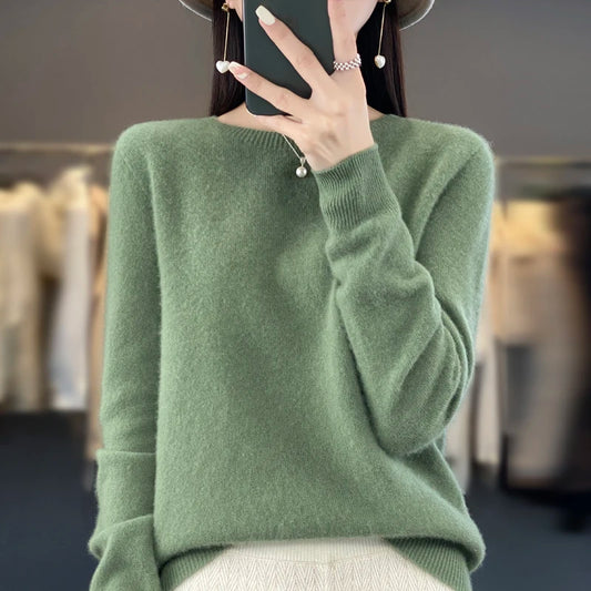 Women’s 100% Merino Wool Pullover Sweater Warm O-Neck Top
