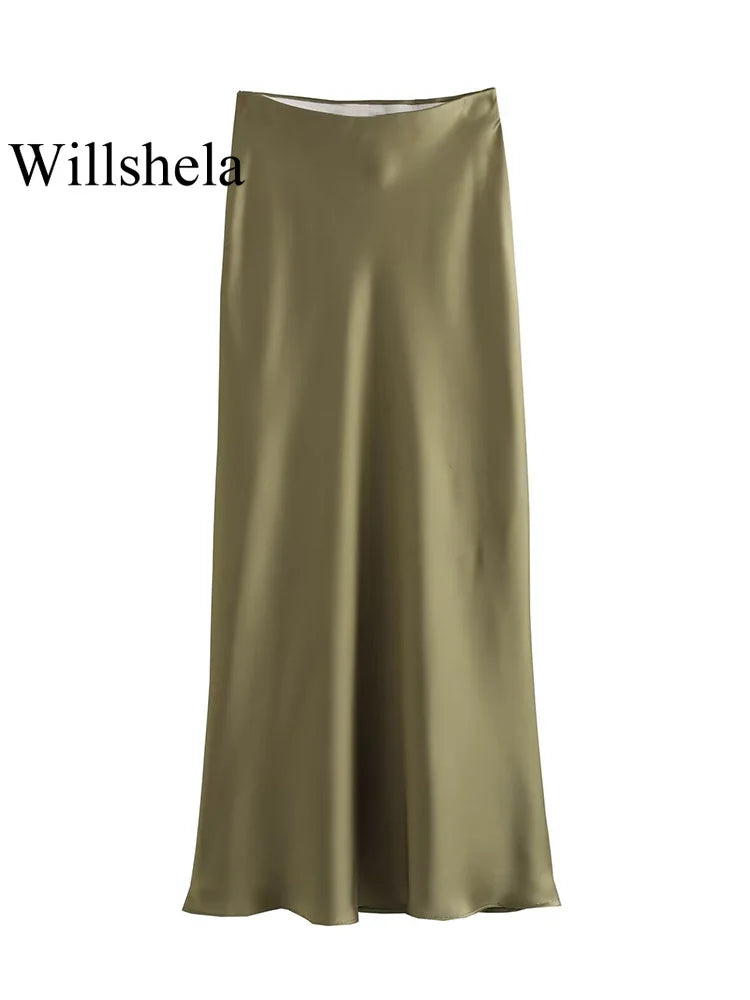 Black Satin High Waist Midi Skirt