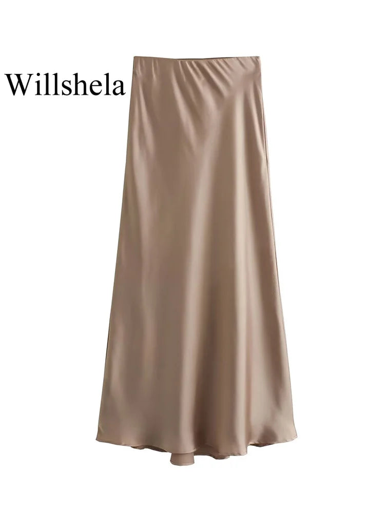 Black Satin High Waist Midi Skirt