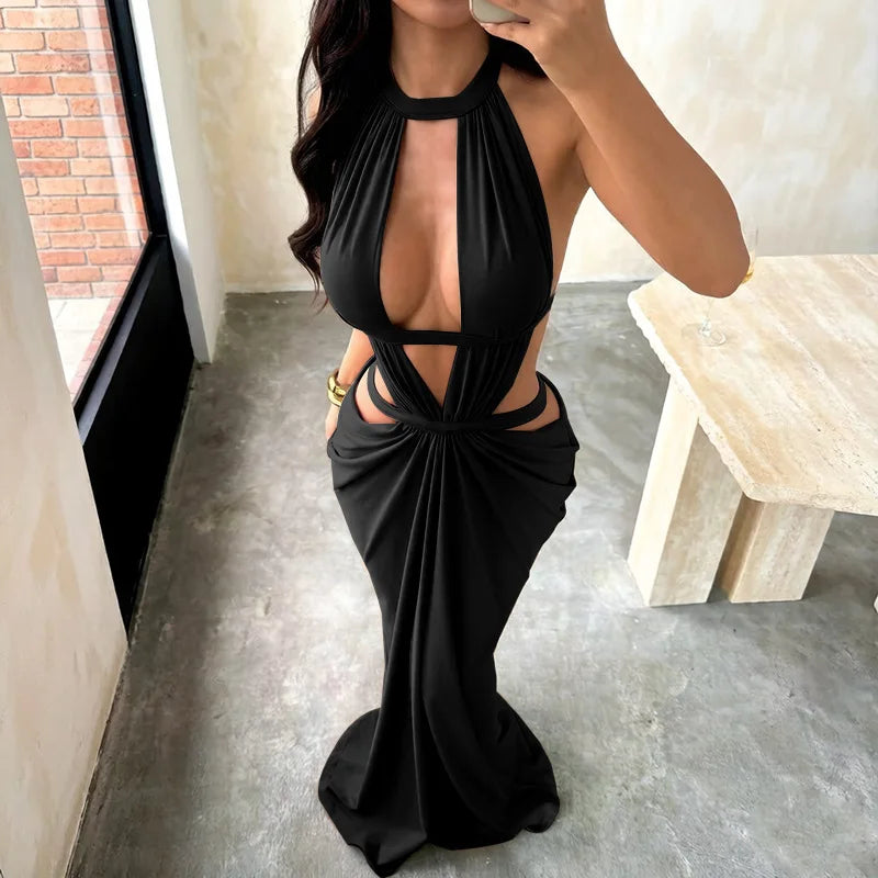 Halter Cut-Out Draped Backless Maxi Dress
